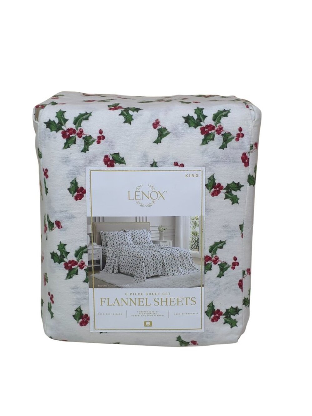 Lenox King 6-Piece Flannel Sheet Set Holly Green Pattern 100% Cotton Warm